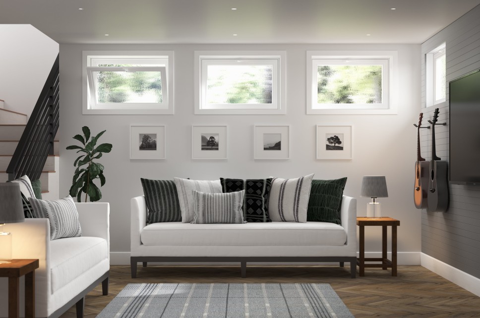 image of three hopper windows from inside the house